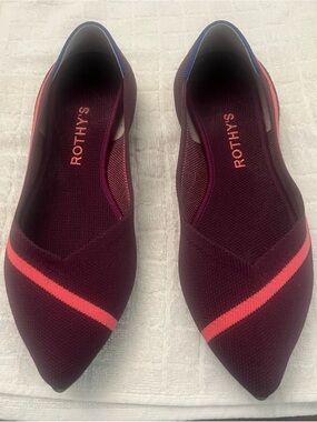 Rothy's Women's Point Racing Stripe Flats Burgundy with Coral Stripe 8.5